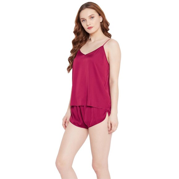 Solid Jester Red 2 Pcs Satin Shorts Sleepwear for Women - Picture 3 of 6